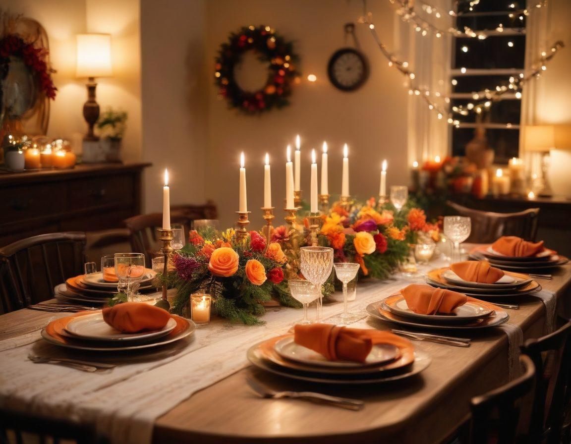 A beautifully arranged table filled with an array of delicious dishes, colorful festive decorations, and elegant tableware. Include warm candlelight and subtle floral centerpieces that evoke a cozy gathering atmosphere. In the background, soft string lights twinkle, adding to the festive vibe. The scene should feel inviting, showcasing a blend of traditional and modern elements that highlight the joy of sharing meals with loved ones. warm colors, super-realistic, cozy, vibrant.