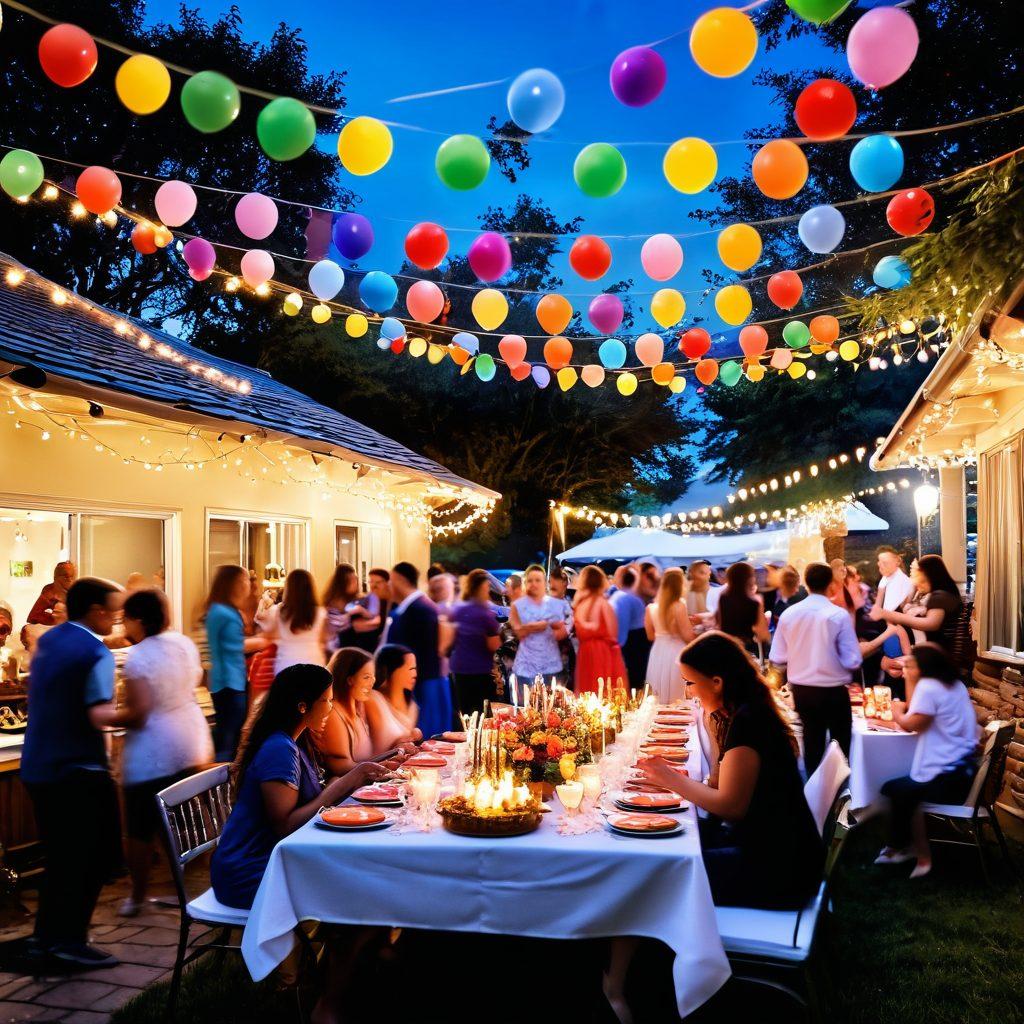 A whimsical scene of a vibrant outdoor party filled with colorful decorations, balloons, and tables adorned with delicious sweets and treats. Laughter and joy resonate among diverse groups of people engaged in fun activities, like a joyful dance or games. Magical touches like confetti in the air and fairy lights twinkling in the background evoke a sense of happiness. super-realistic. vibrant colors. festive atmosphere.