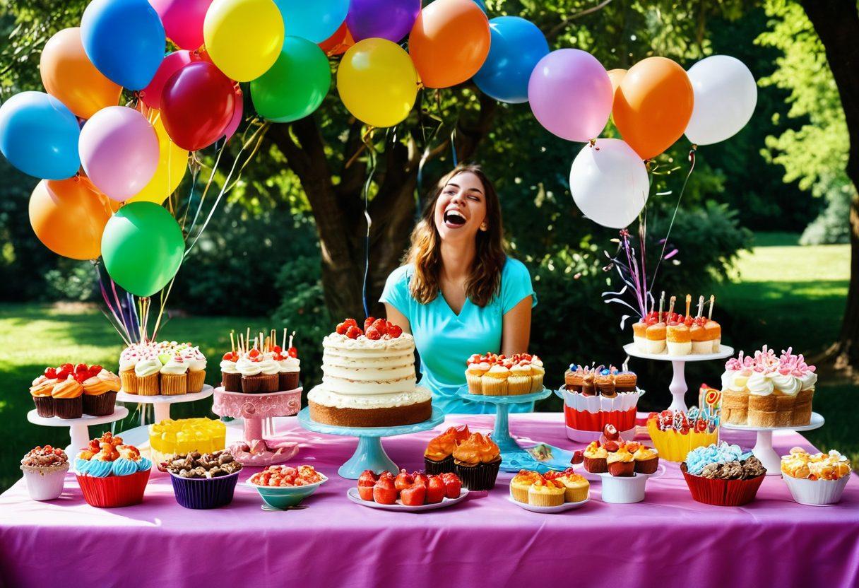 A lively celebration scene featuring a beautifully decorated table overflowing with colorful sweet treats, including cakes, cupcakes, and candies. Surrounding the table are people of diverse backgrounds joyfully interacting, with balloons and streamers in vibrant hues decorating the background. Sunlight filters through trees, creating a warm and inviting atmosphere. The scene captures laughter and merriment, evoking a sense of unforgettable moments. super-realistic. vibrant colors. outdoor setting.